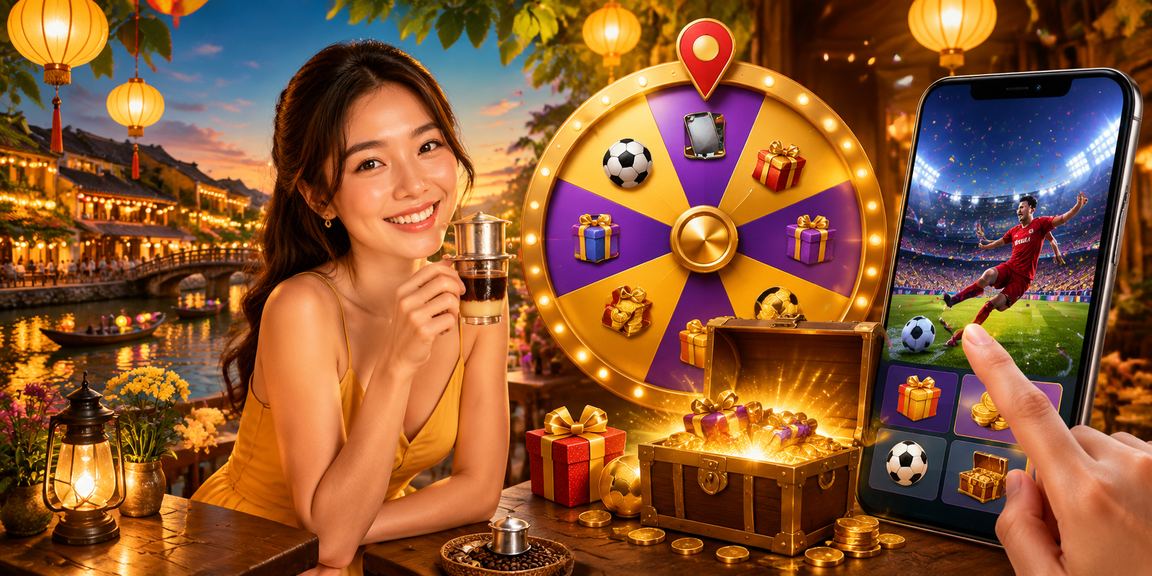 Người chơi tại Hội An thưởng thức cà phê và tham gia quay số may mắn trực tuyến