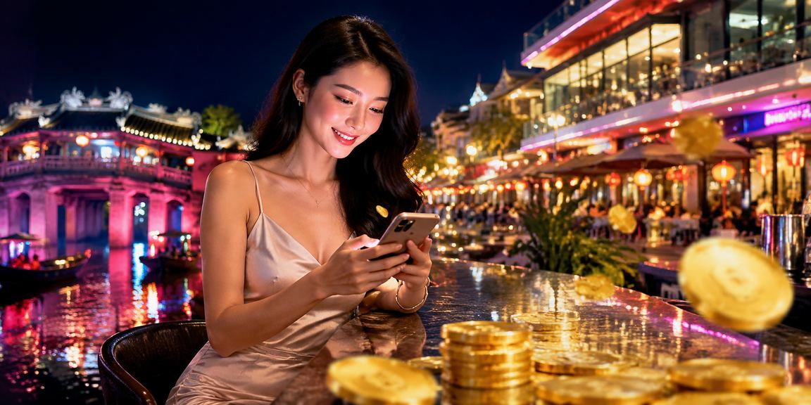 Người chơi slot game tại chợ đêm Hội An trên điện thoại Android